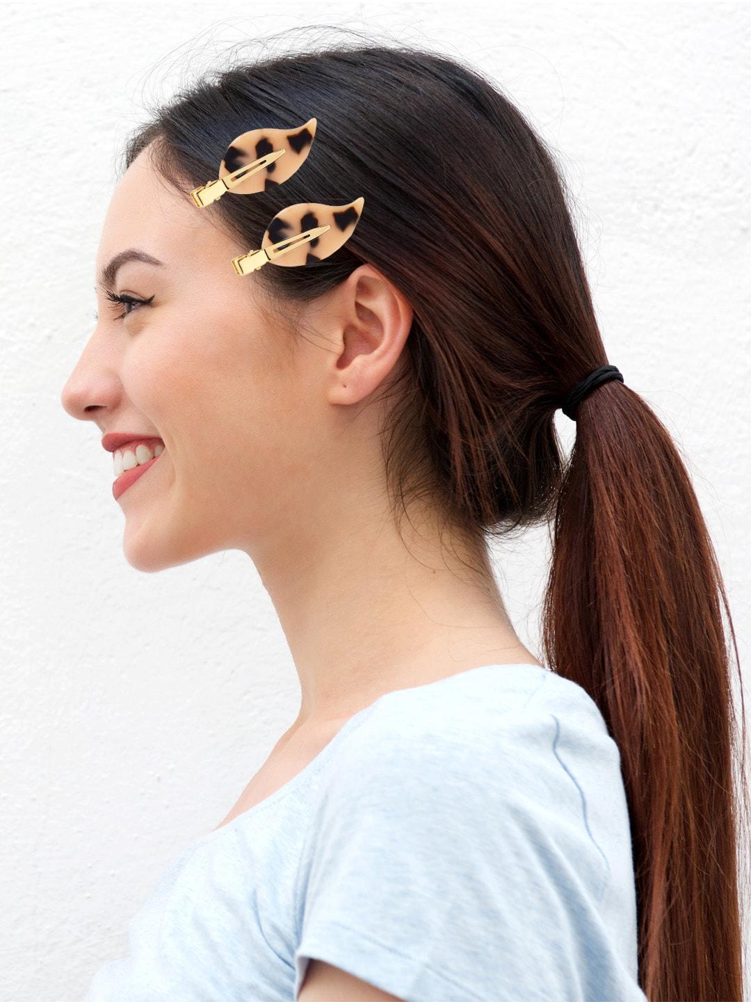 gubb unisex black & beige set of 2 caramel leaf pattern hair clip pins