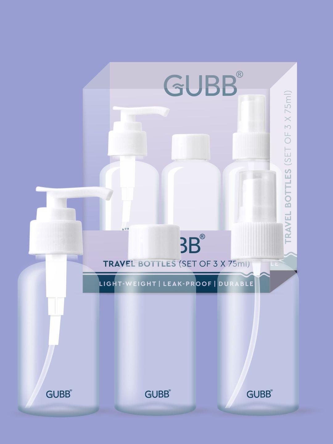 gubb set of 3 transparent travel bottle set 75 ml