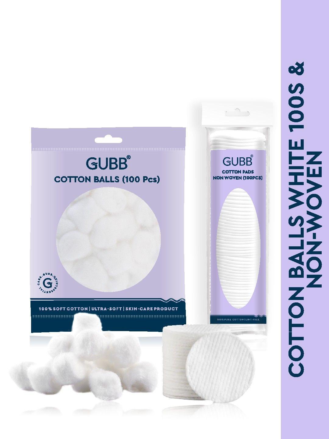 gubb set of cotton balls & non woven cotton pads for makeup remover - 100 pcs each