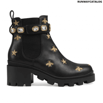 gucci embroidered leather ankle boot with belt