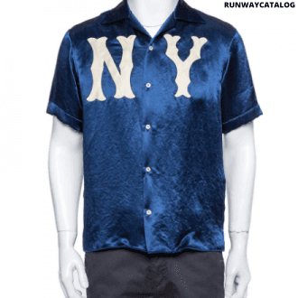 gucci navy blue satin new york yankees patch bowling shirt s