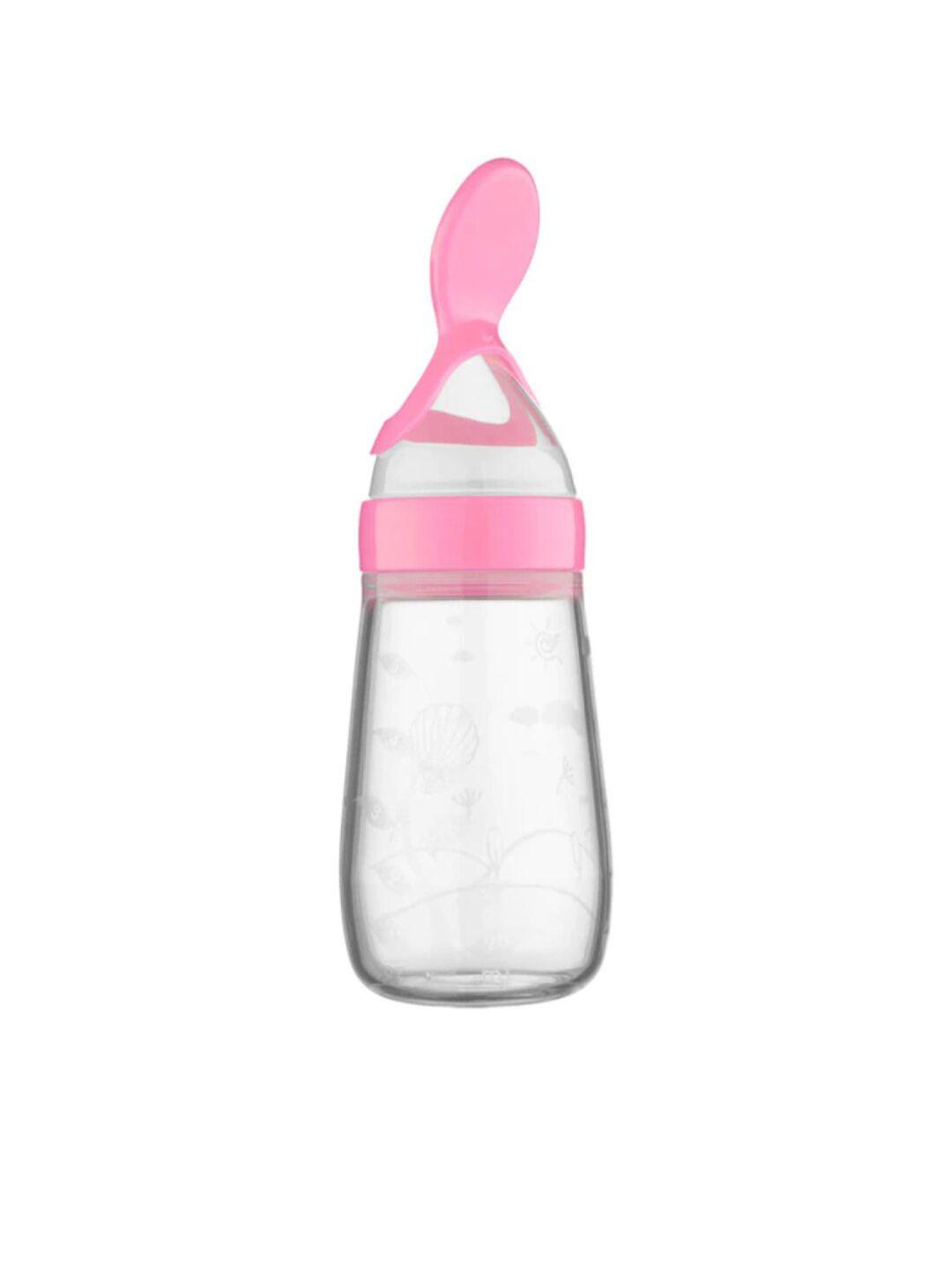 guchigu kids pink & transparent solid baby food feeding bottles with silicone spoon head 125 ml
