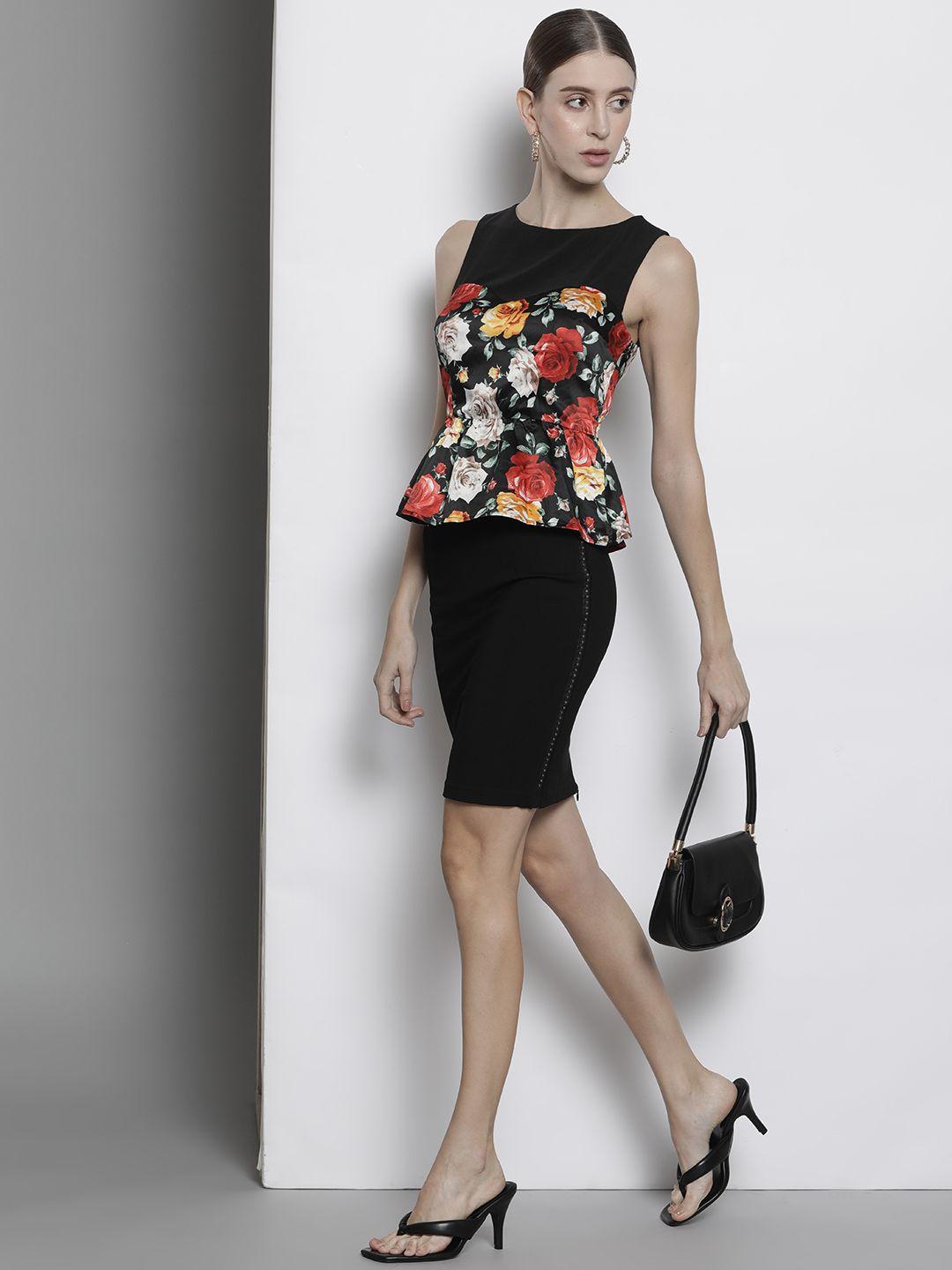 guess black & red floral print top