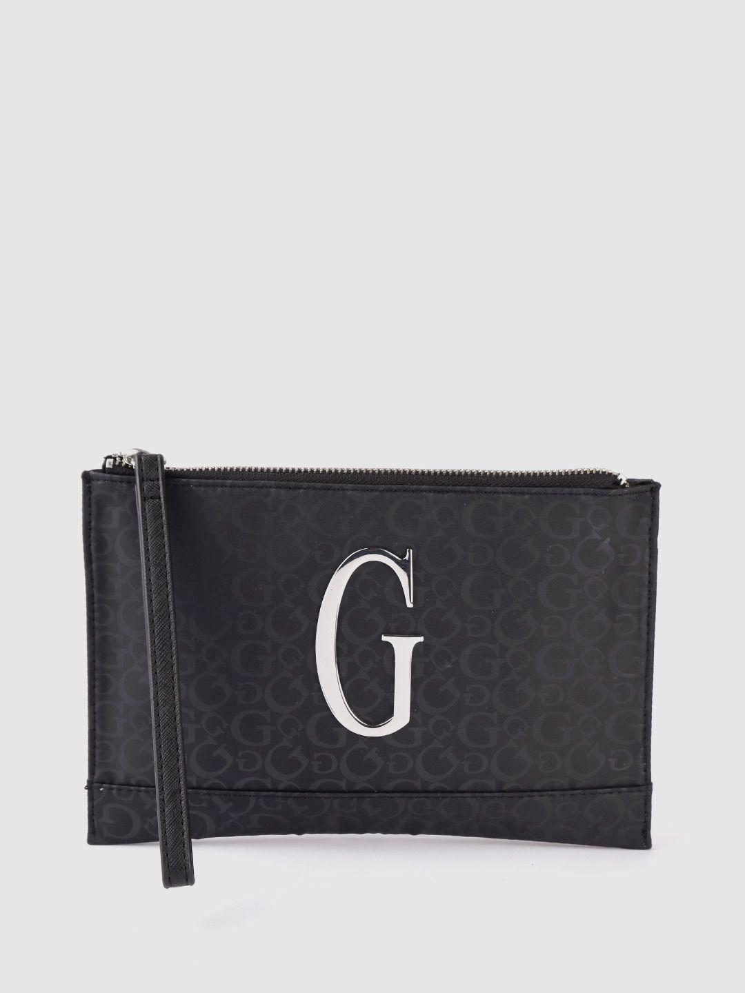 guess black brand logo printed purse with wrist loop