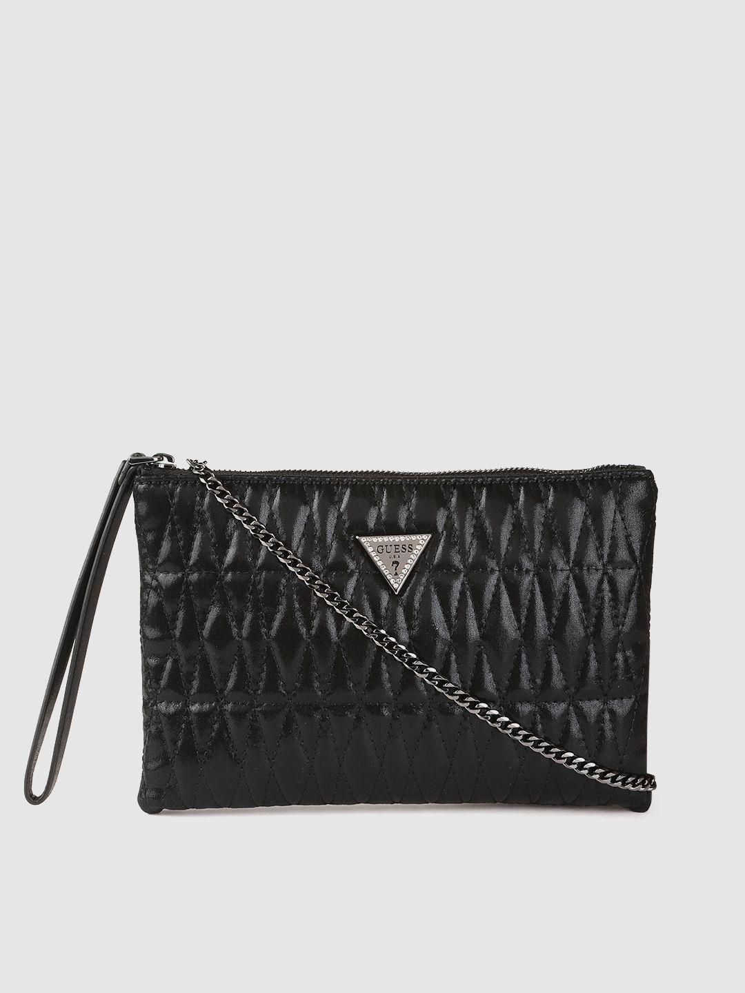 guess black quilted sheen effect clutch with wrist loop & detachable sling strap & pouch
