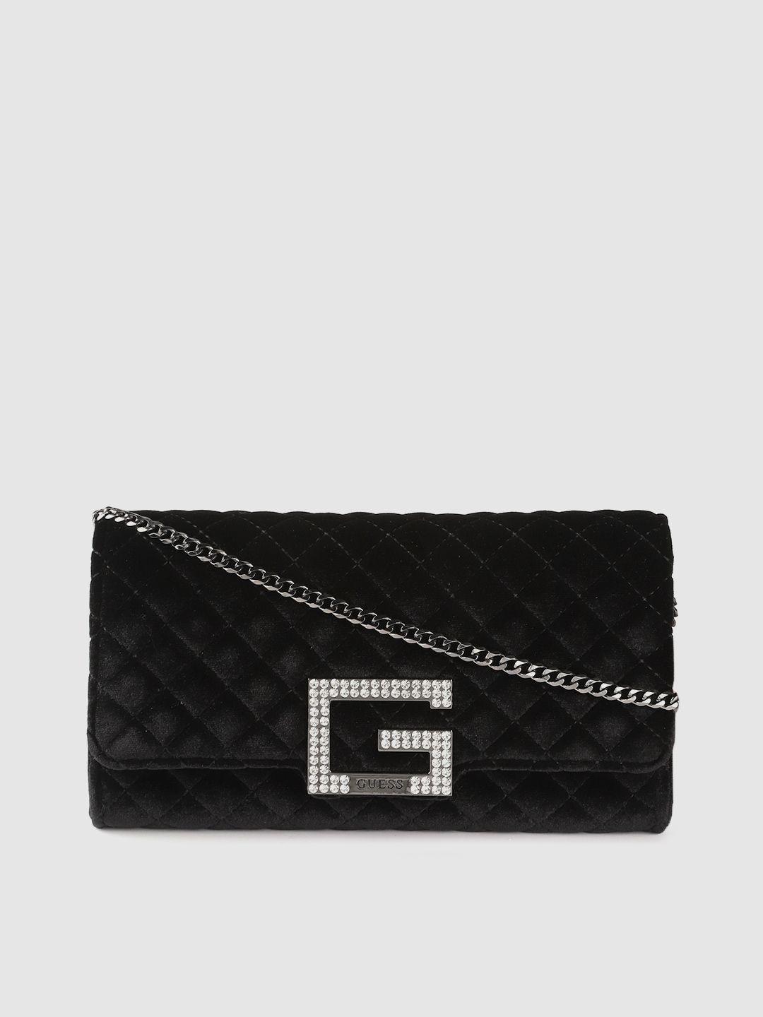 guess black quilted velvet finish clutch with detachable sling strap