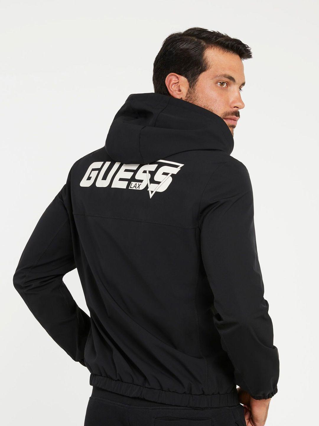 guess brand logo printed hooded front-open sweatshirt