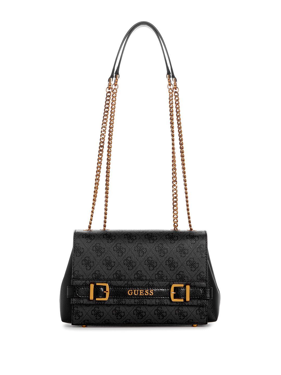 guess brand logo printed structured shoulder bag with buckle detail