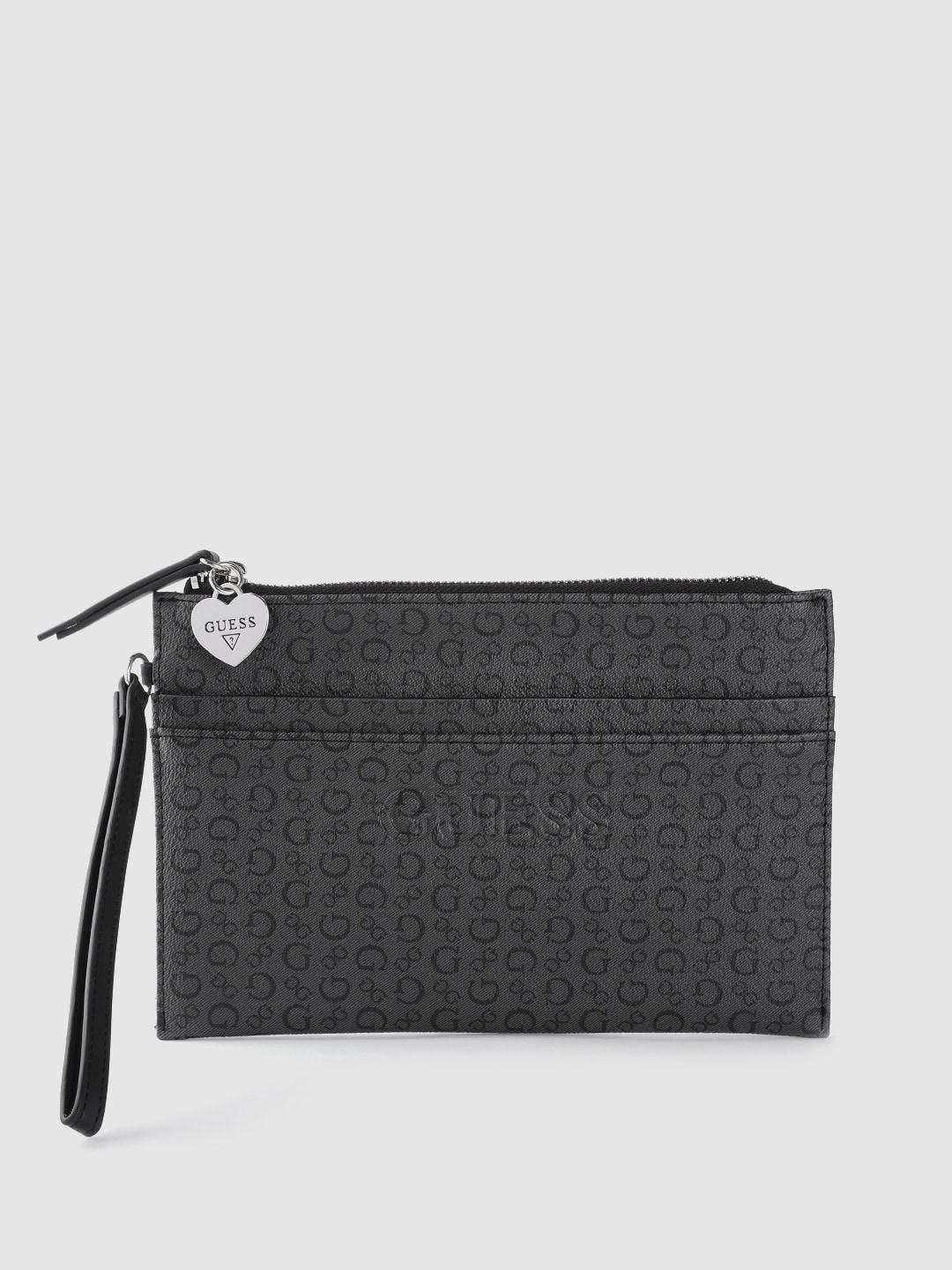 guess charcoal grey & black brand logo print purse