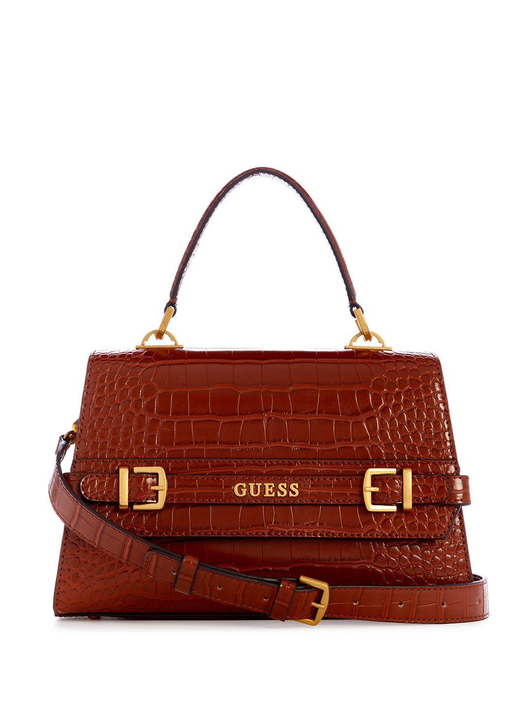 guess croc textured structured satchel bag with buckle detail