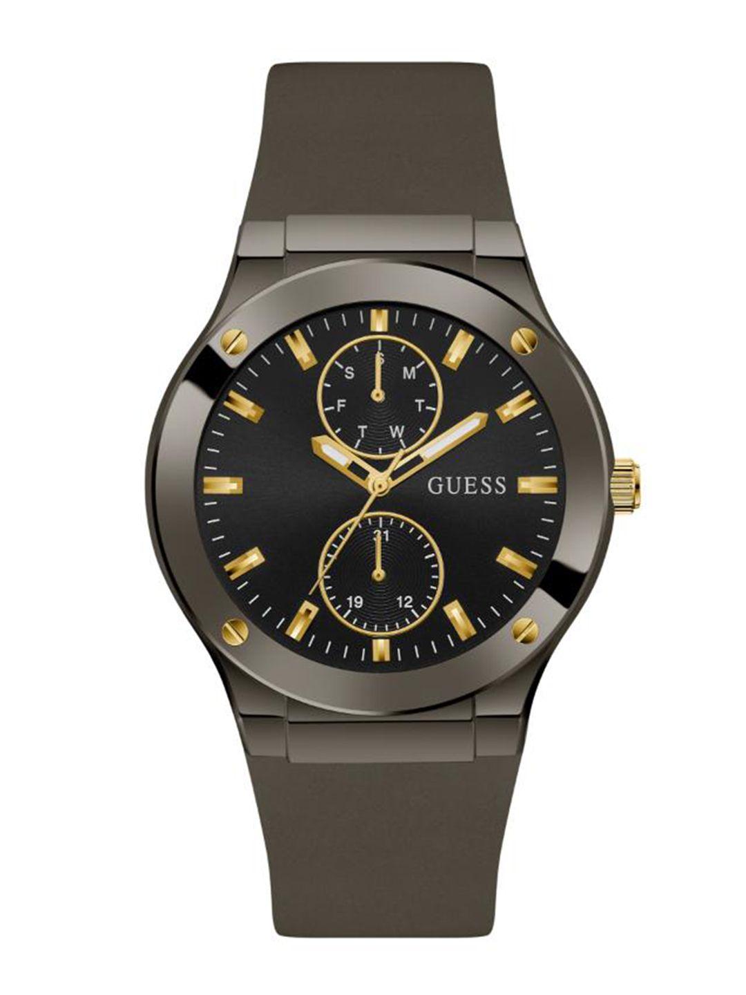 guess men brown dial & grey leather straps analogue watch gw0491g1-black