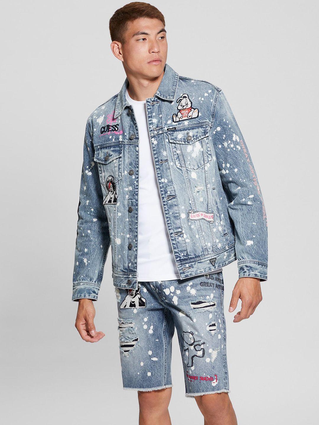guess spread collar graphic printed pure cotton denim jacket
