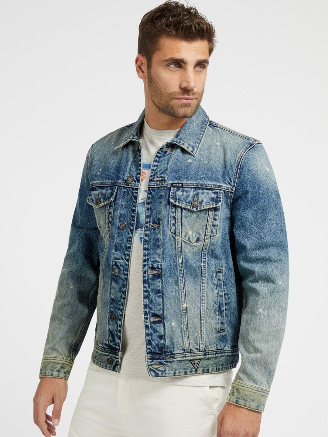 guess spread collar washed pure cotton denim jacket