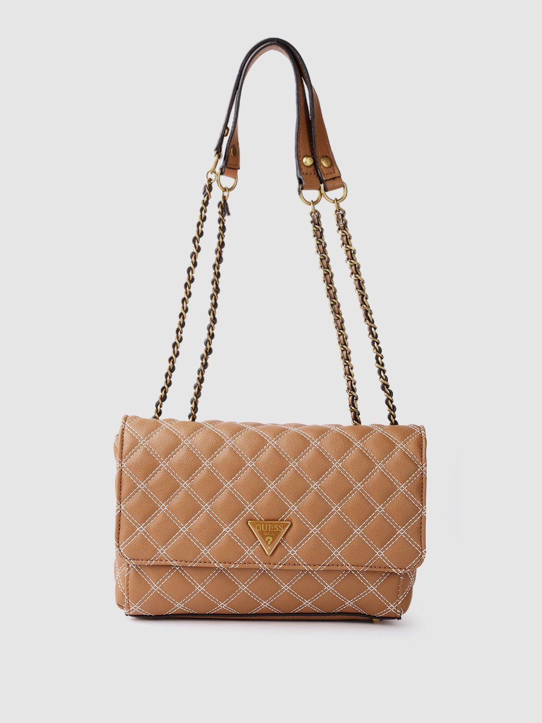 guess tan brown quilted structured sling bag