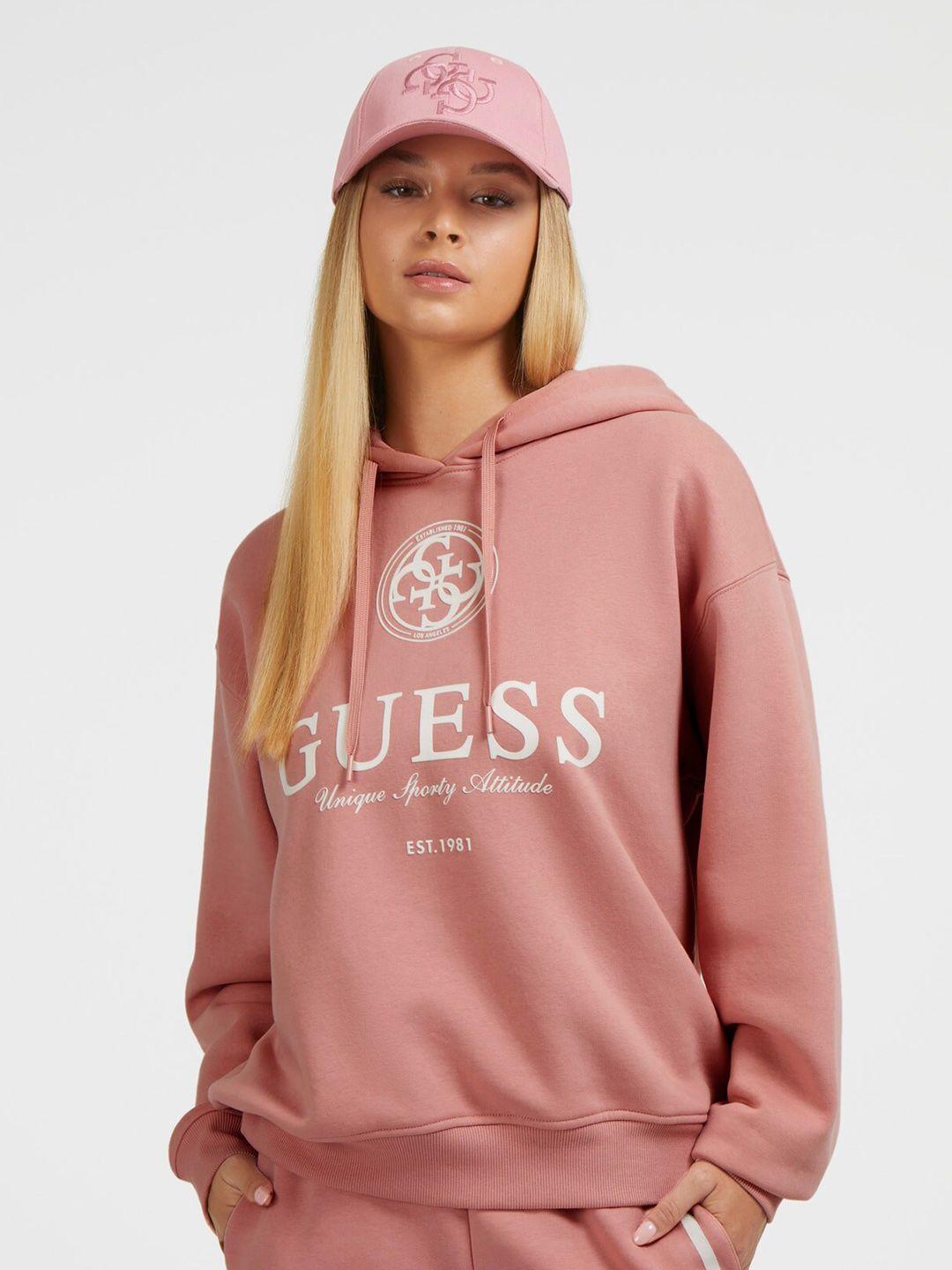 guess typography printed hooded pullover sweatshirt