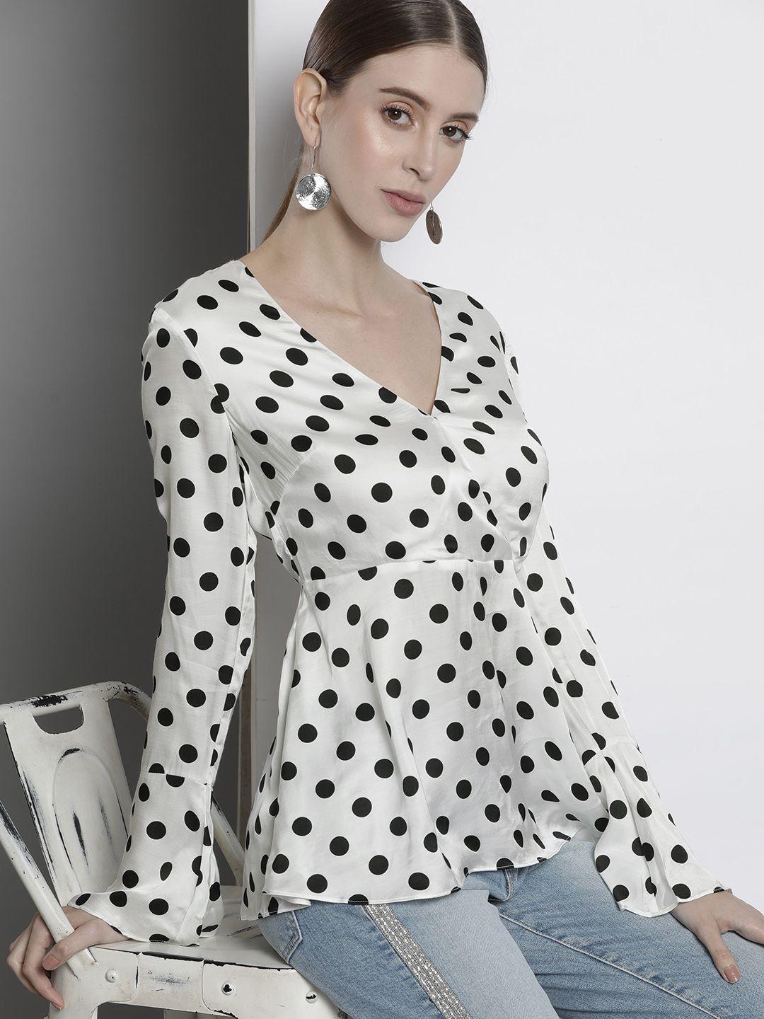 guess white & black polka dots printed wrap top