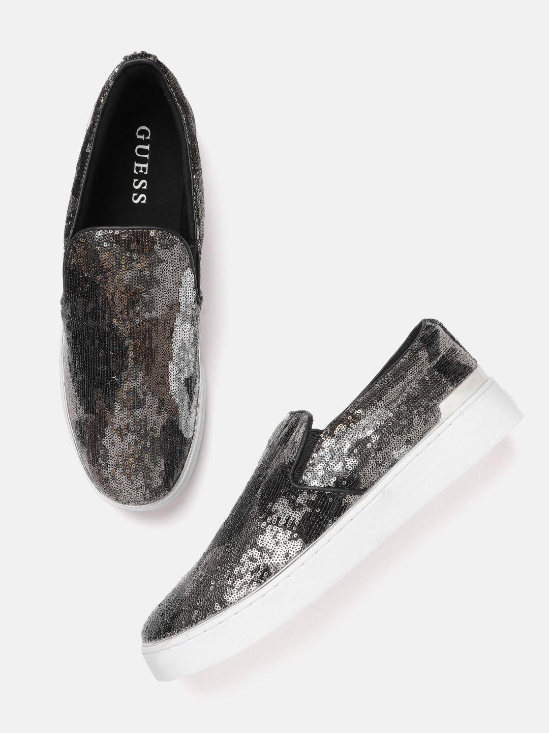 guess women black & silver-toned sequined slip-on sneakers