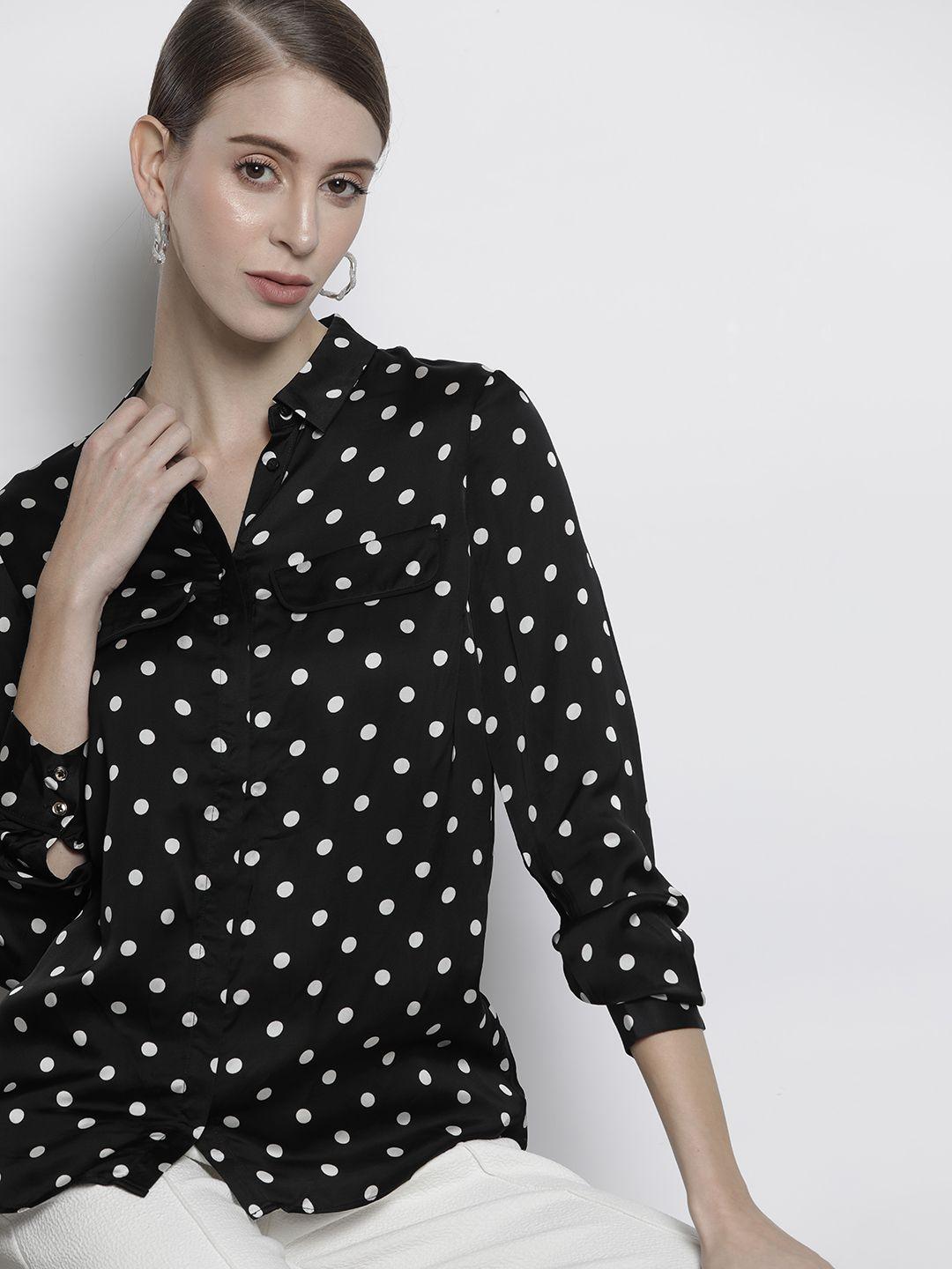 guess women black & white polka dots casual shirt
