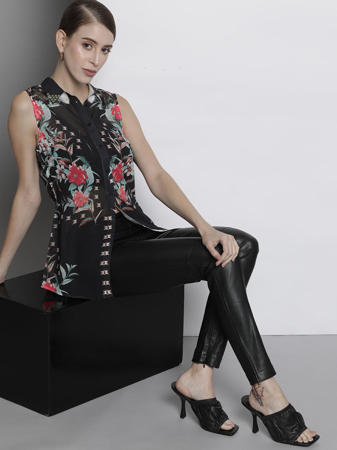 guess women black floral printed lace insert detail semi sheer casual shirt