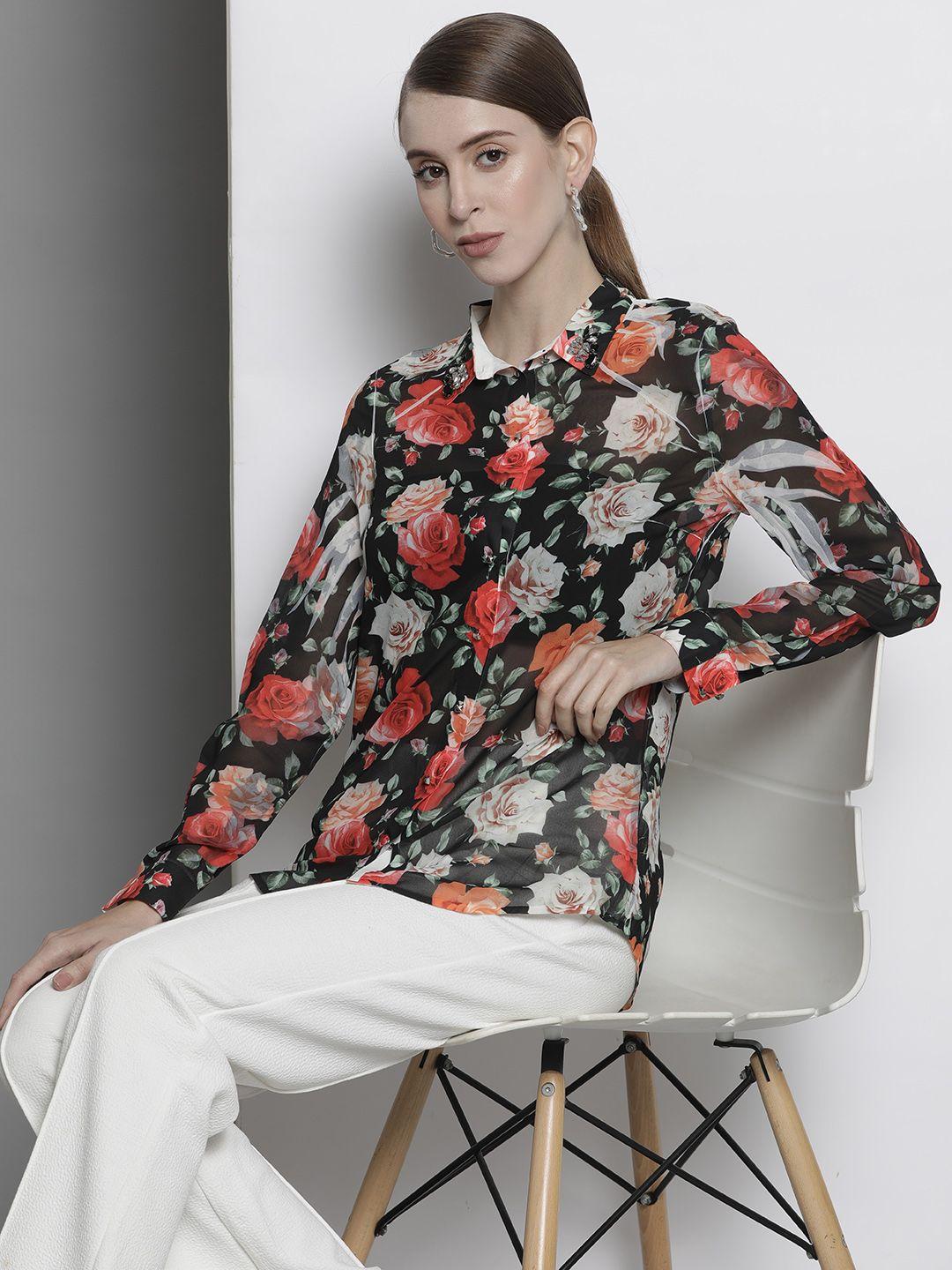 guess women black floral printed semi sheer casual shirt