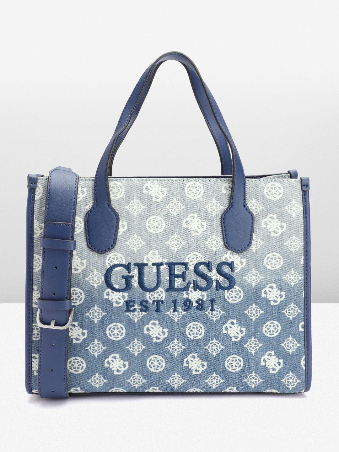 guess women brand logo printed structured denim handheld bag with ombre effect