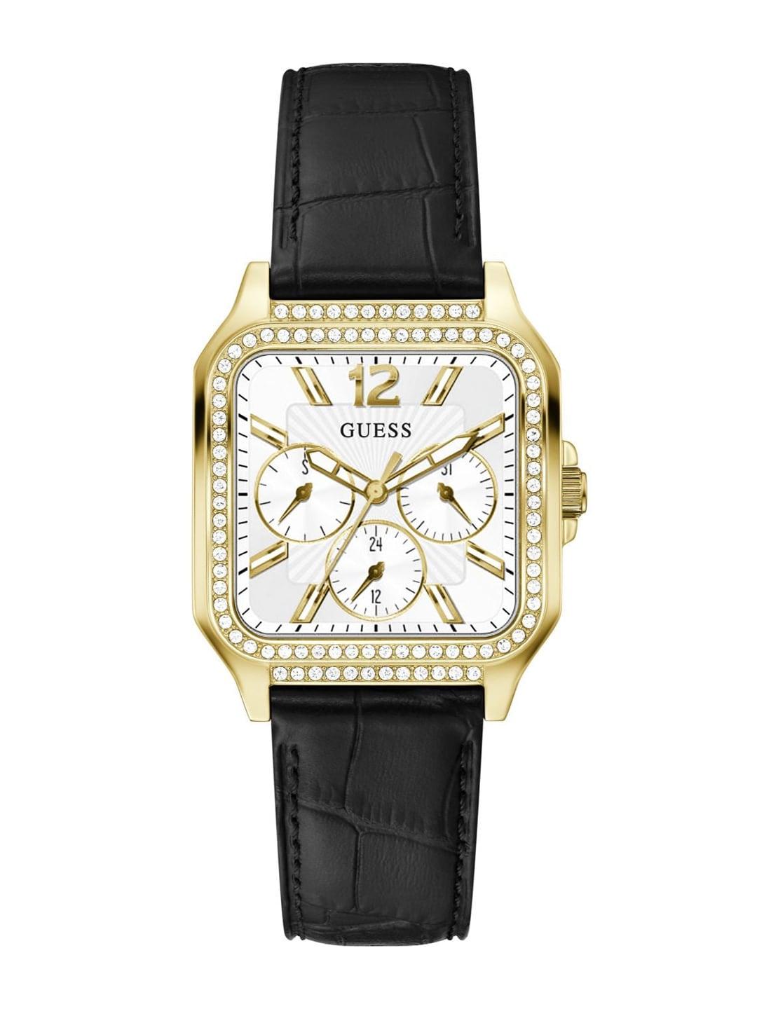 guess women brass dial & leather textured straps analogue watch gw0309l2