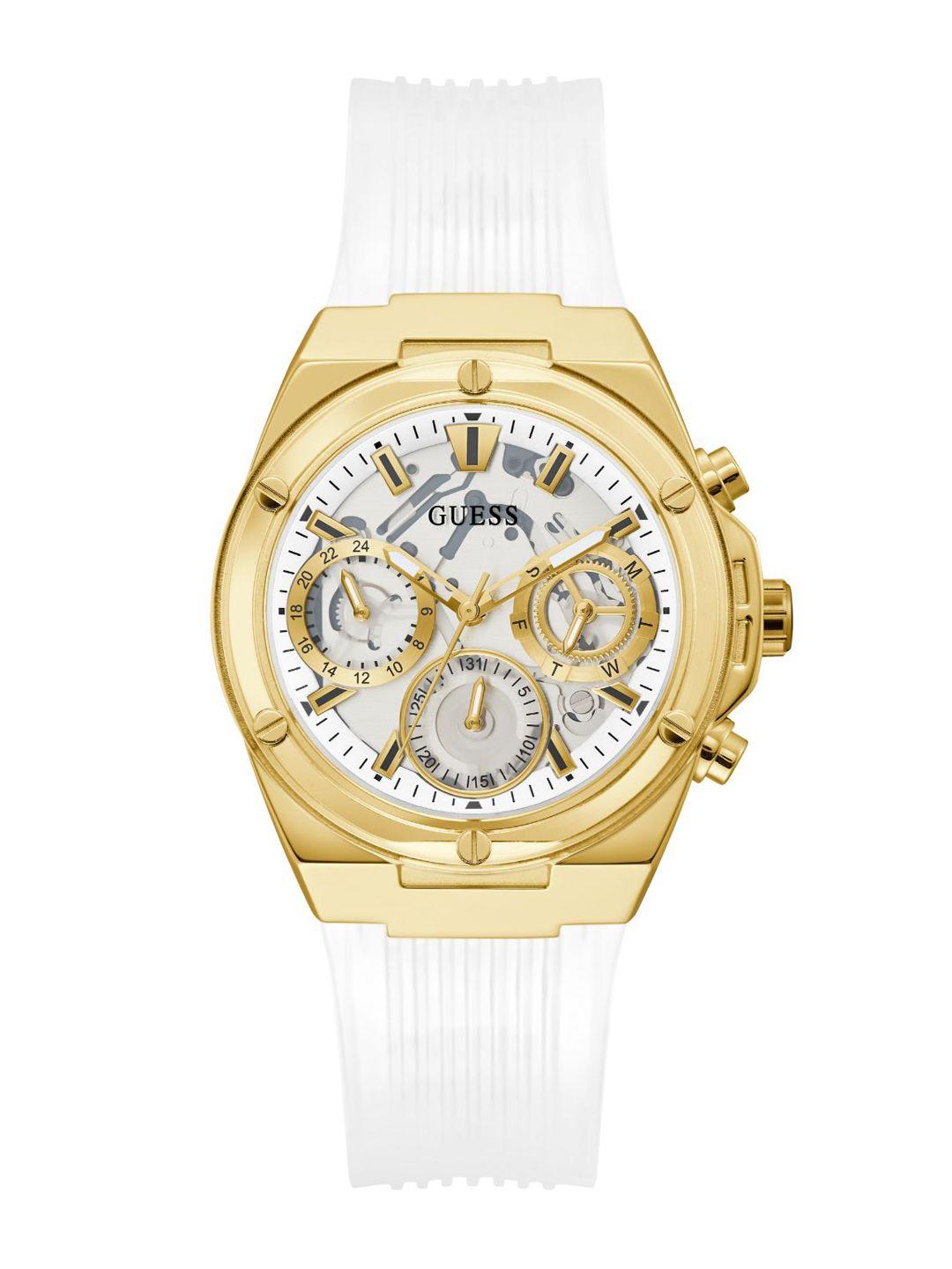guess women brass embellished dial textured straps analogue watch gw0409l2