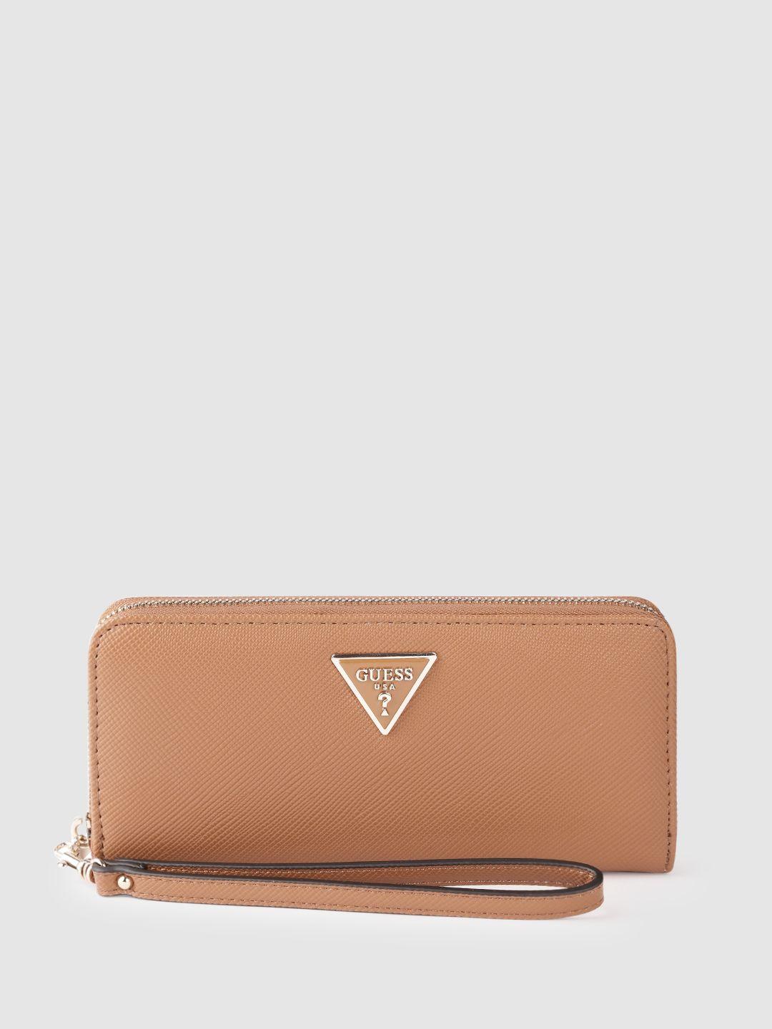 guess women brown brand logo print detail zip around wallet