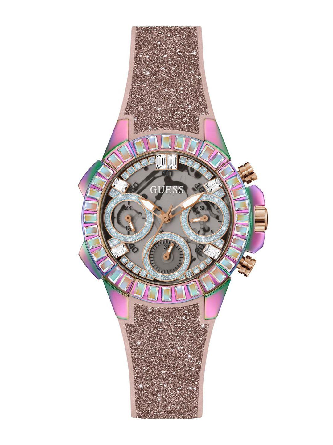 guess women embellished dial & embellished straps analogue watch gw0313l4