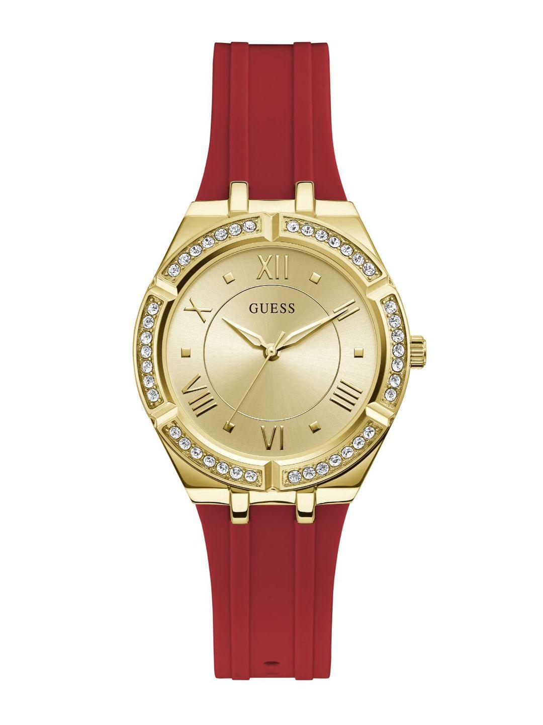 guess women embellished dial & red textured straps analogue watch gw0034l6