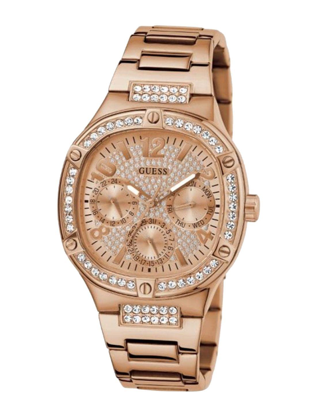guess women embellished dial & rose gold toned stainless steel bracelet style straps watch