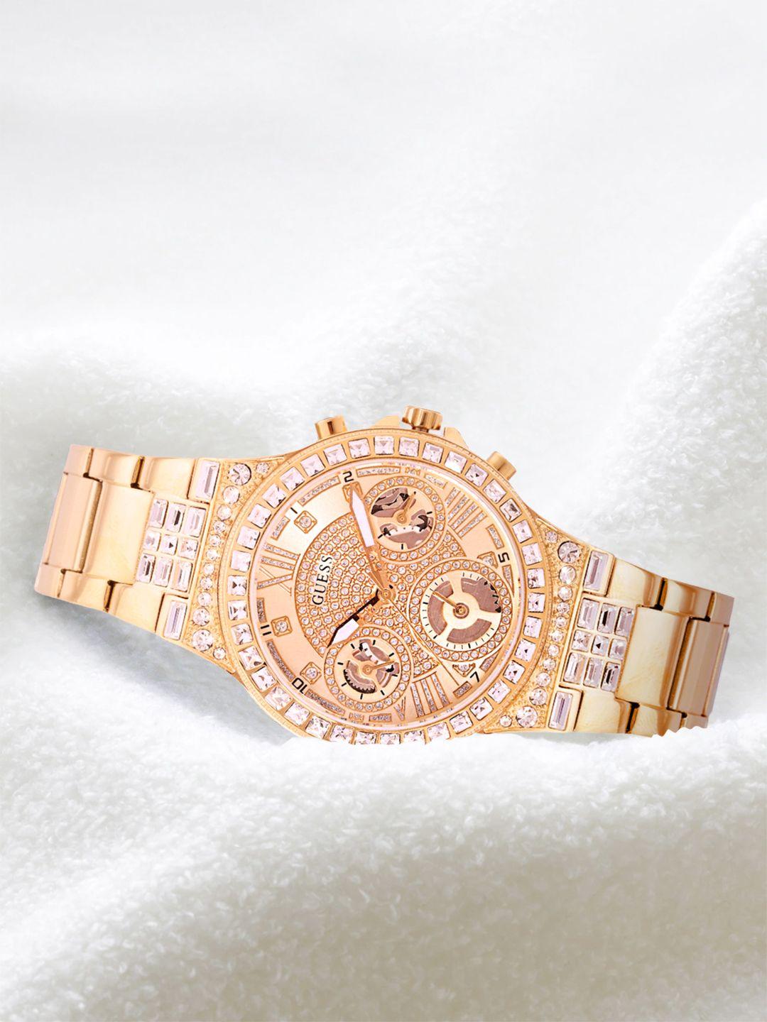 guess women gold-toned embellished dial & bracelet straps analogue watch gw0320l2
