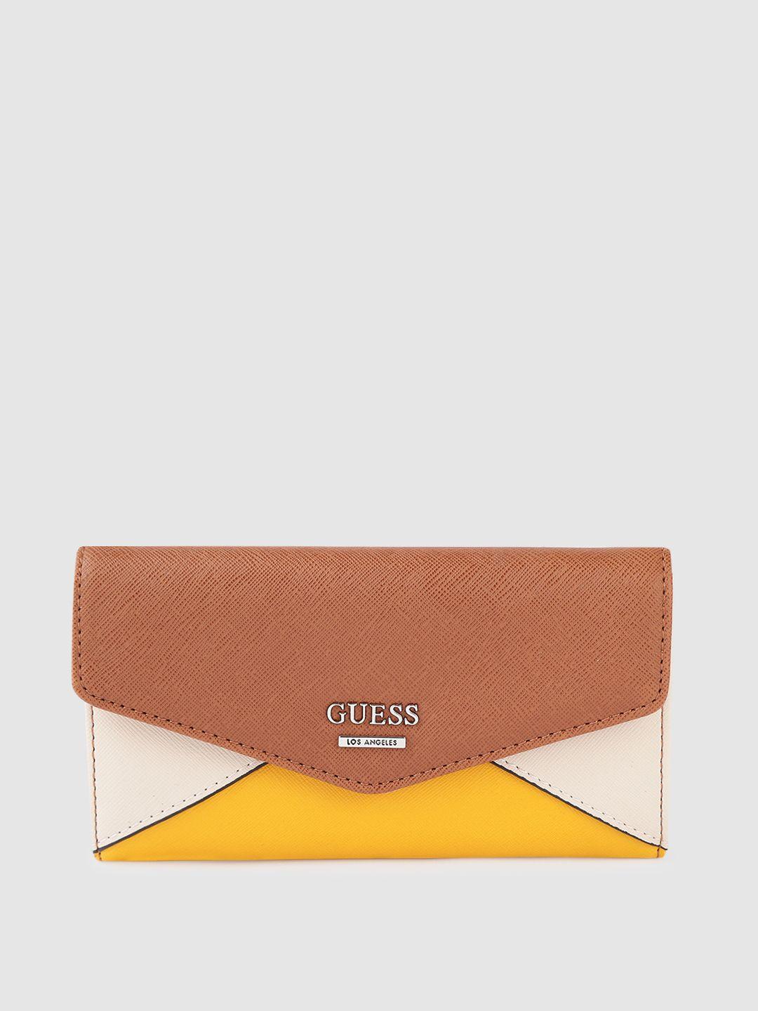 guess women tan brown & mustard yellow colourblocked saffiano textured three fold wallet