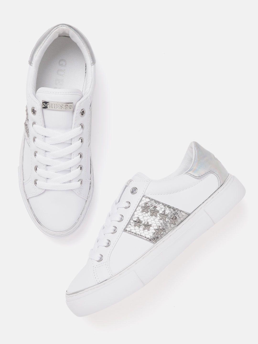 guess women white & silver-toned sneakers with studded & coloublocked detail