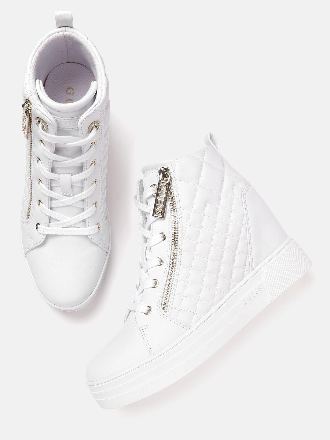 guess women white quilted detail mid-top sneakers