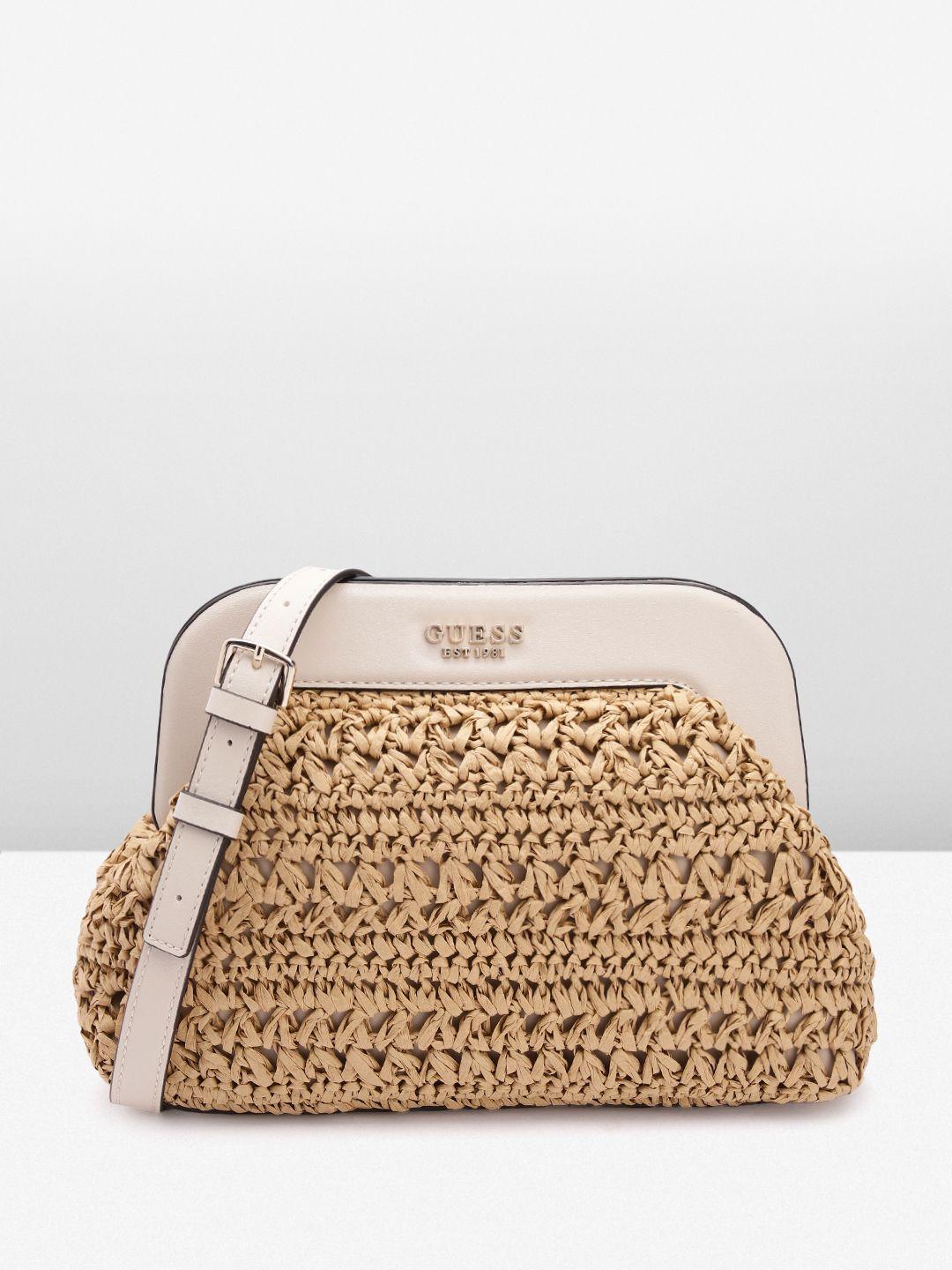 guess basket weave textured structured sling bag