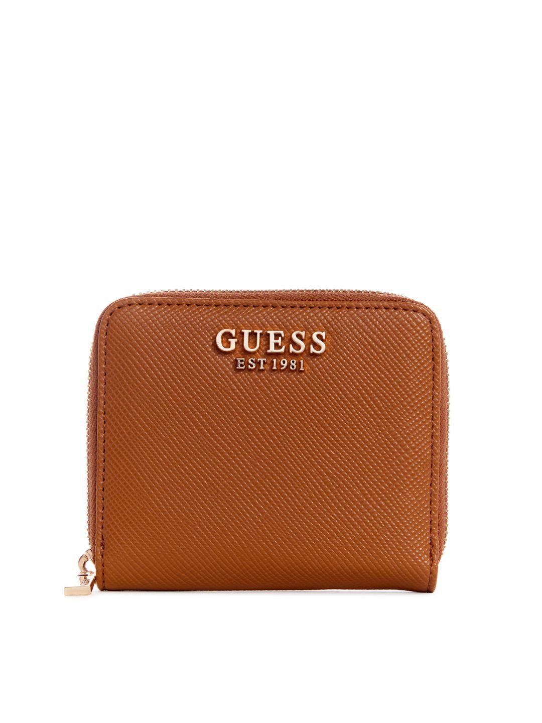 guess brand logo embossed zip around wallet