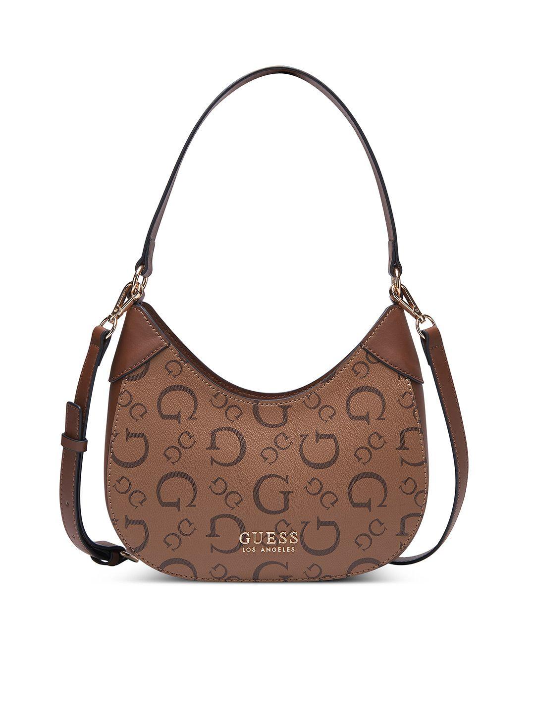 guess brand logo printed structured baguette bag