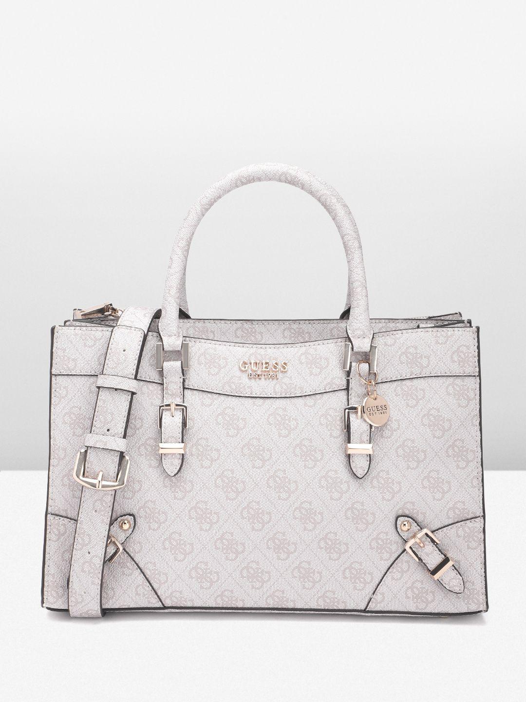 guess brand logo printed structured handheld bag with buckle detail
