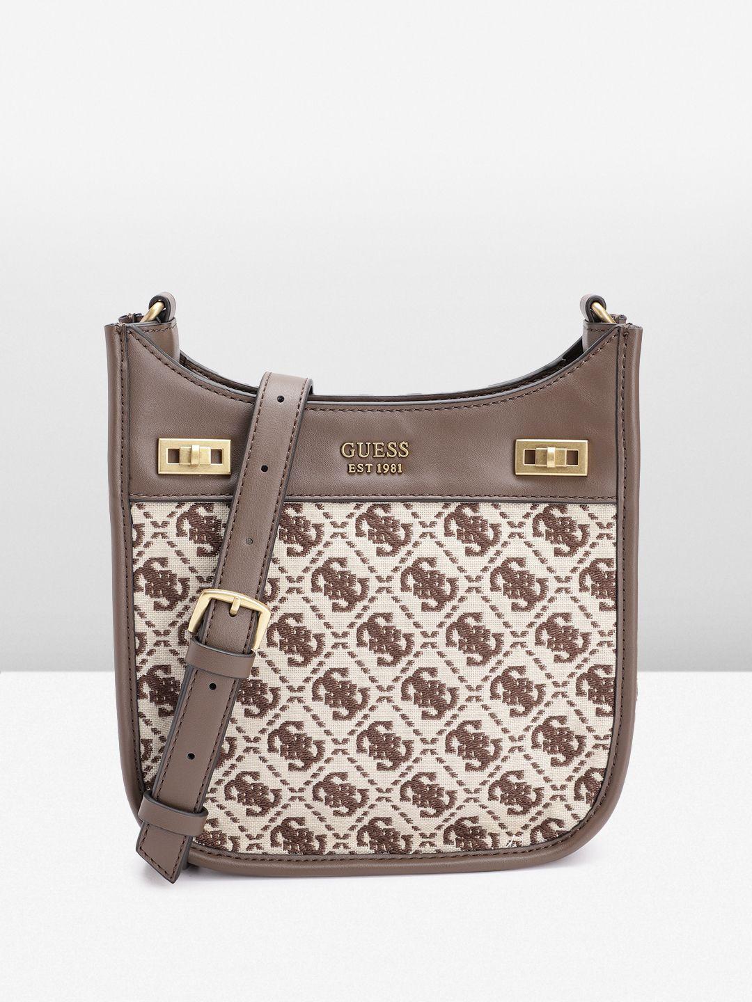 guess brand logo woven design structured sling bag