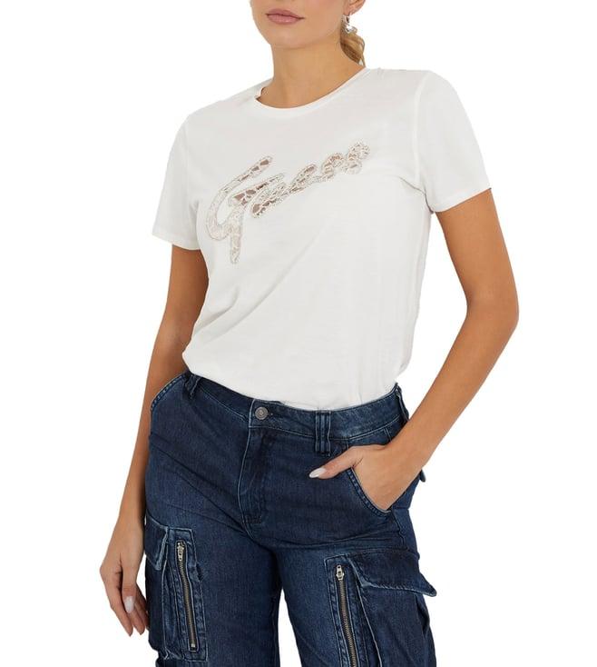 guess cream white embellished regular fit t-shirt