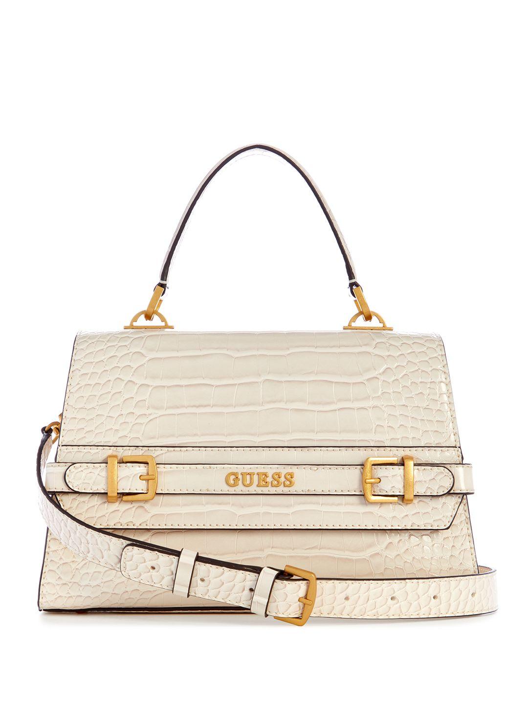 guess croc textured structured satchel bag with buckle detail