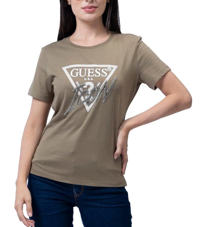 guess desert green embellished regular fit t-shirt