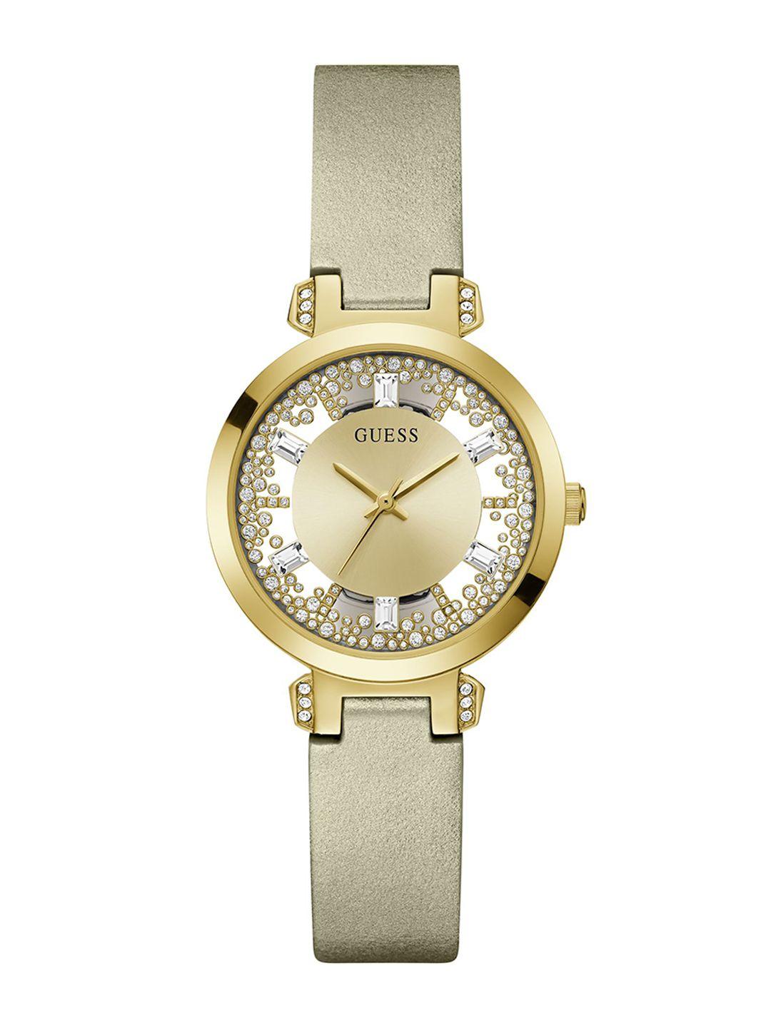 guess embellished dial & leather straps analogue watch gw0535l4