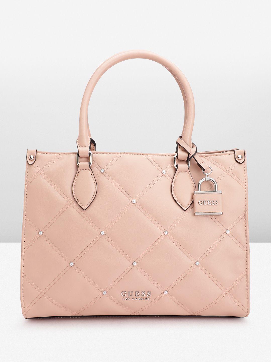 guess embellished structured handheld bag with quilted detail