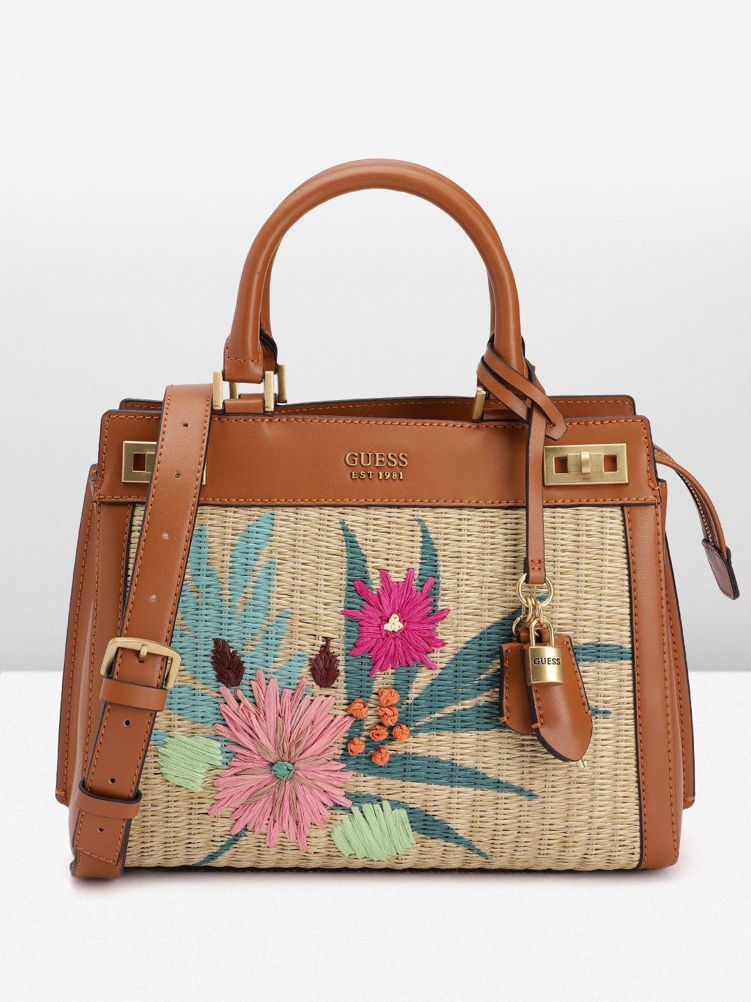 guess floral basket weave textured structured handheld bag