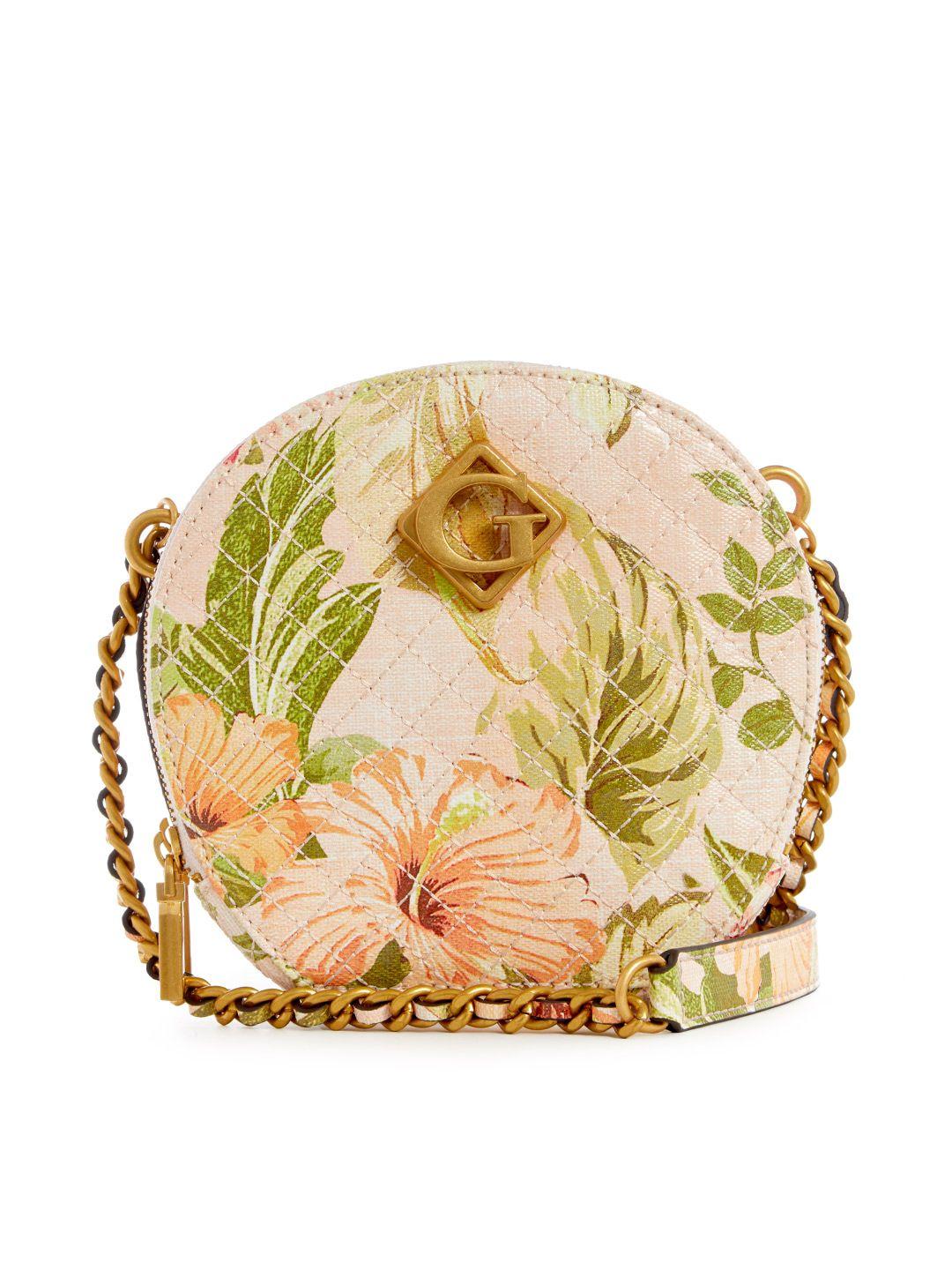 guess floral printed circle structured crossbody sling bag with quilting