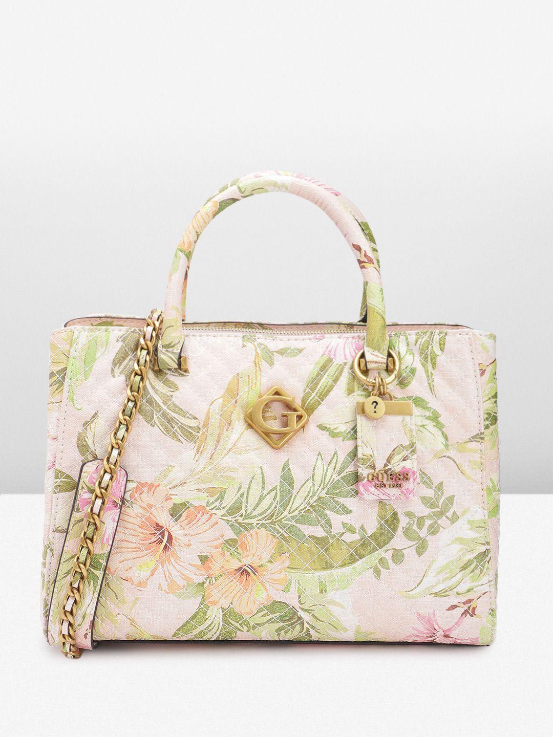 guess floral printed textured structured handheld bag