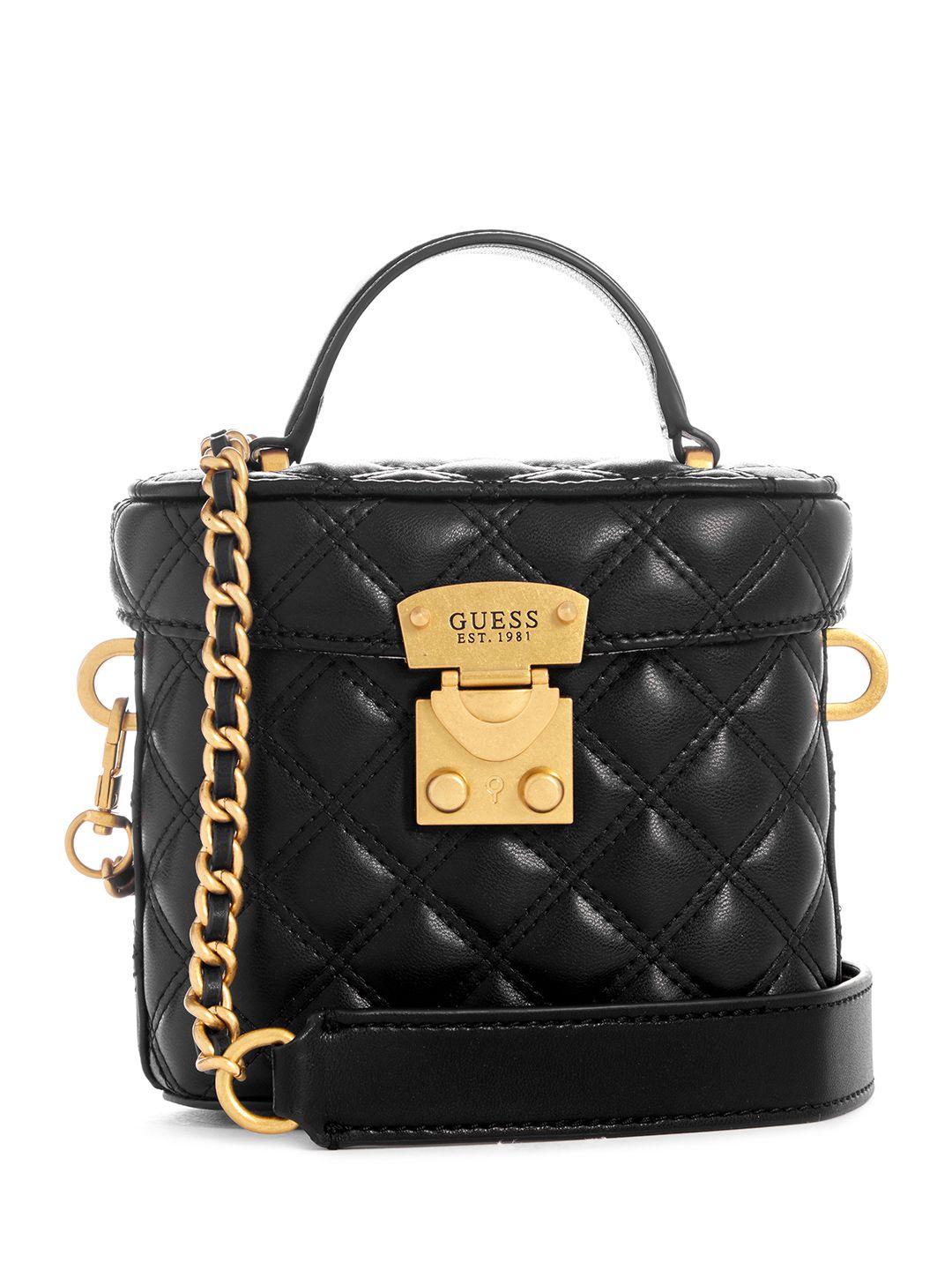 guess geometric textured bucket satchel bag with quilted detail
