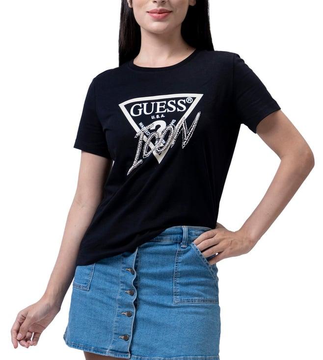 guess jet black embellished regular fit t-shirt